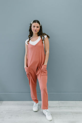 Dusty pink jumpsuit with half tank design, perfect for modest fashion