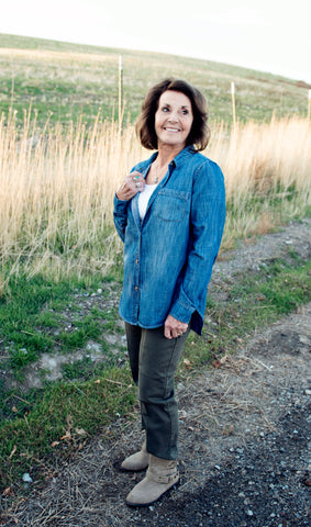 Woman in denim polo