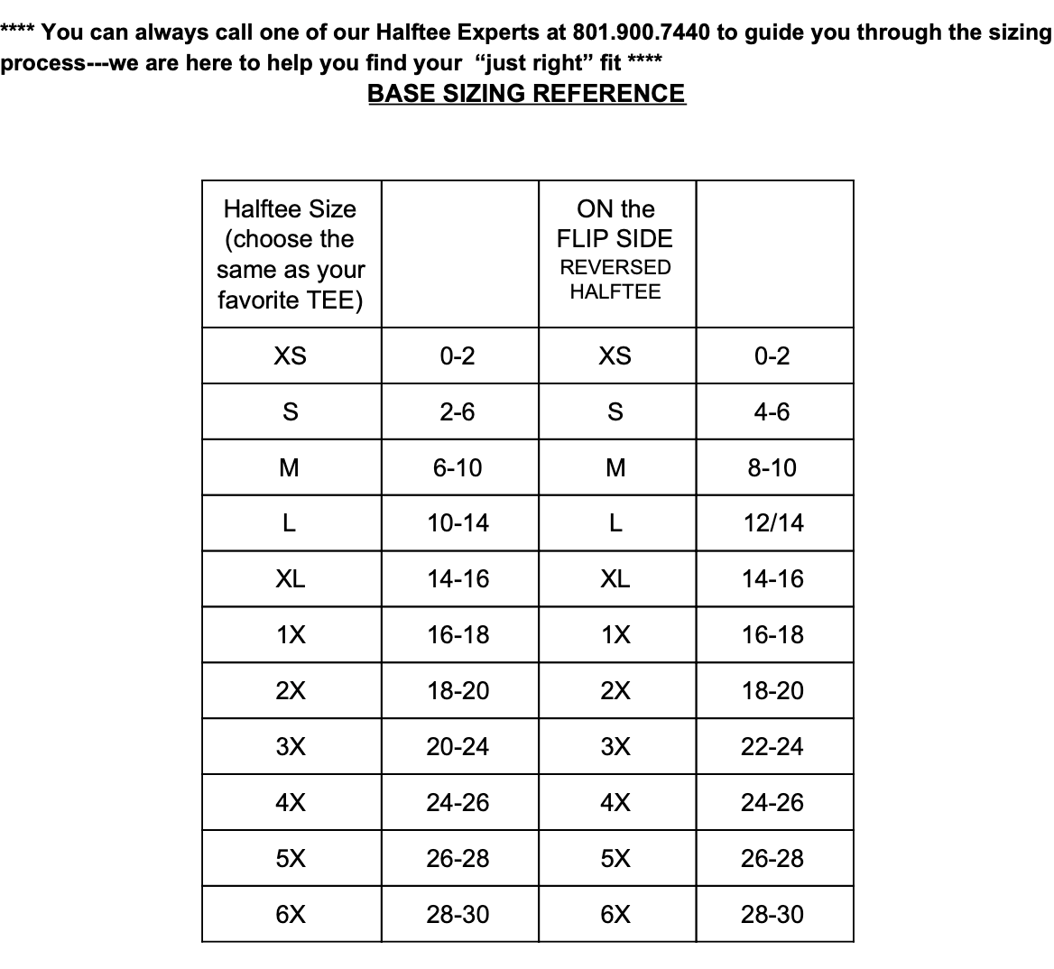 Halftee Sizing Chart