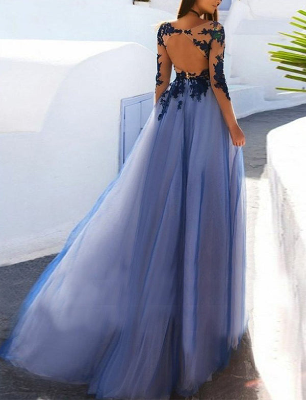 dark blue long prom dress