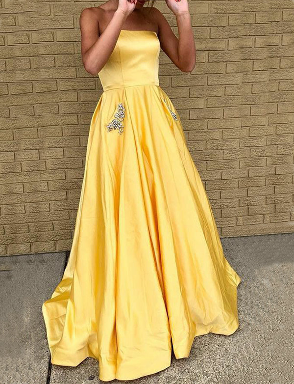 strapless yellow prom dress