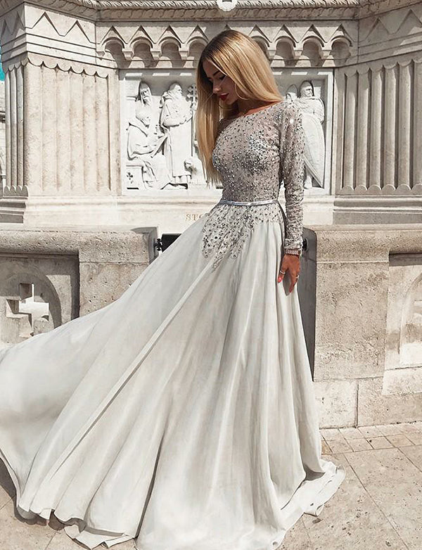 long silver evening dress