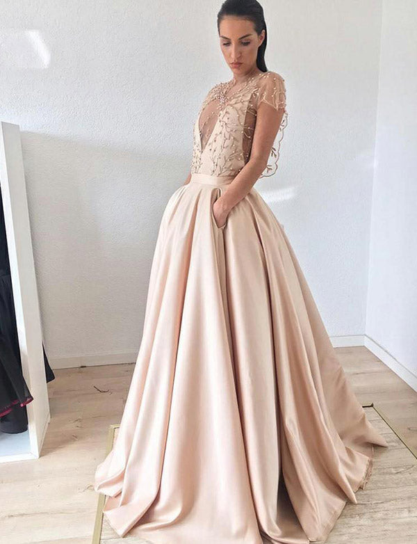 champagne evening dress with sleeves