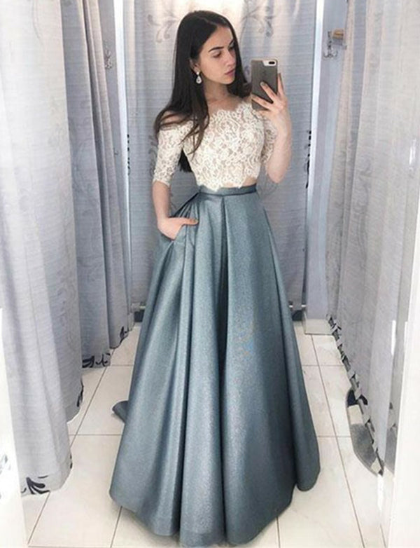 long sleeve lace 2 piece prom dress