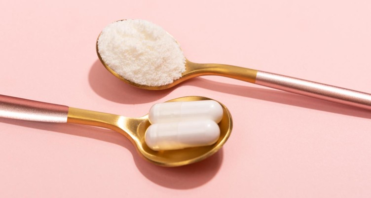 marine collagen peptide powder on a spoon and in capsule form