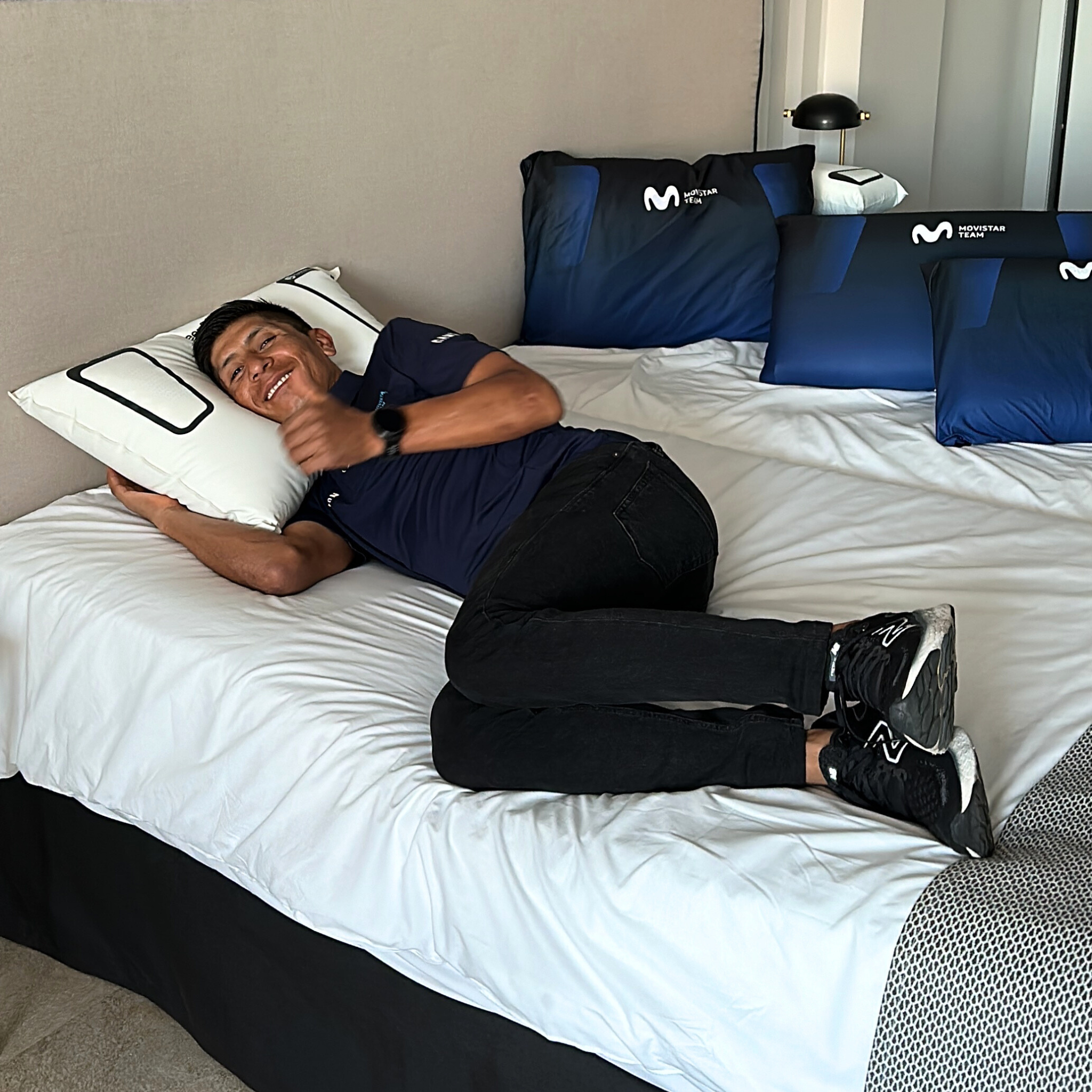 Nairo Quintana from the Movistar Team at the SleepAngel pillow fitting