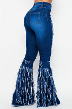 High Waist Fully Distressed Bottom Fringe Detail Jeans in Medium Denim - Fashion House USA