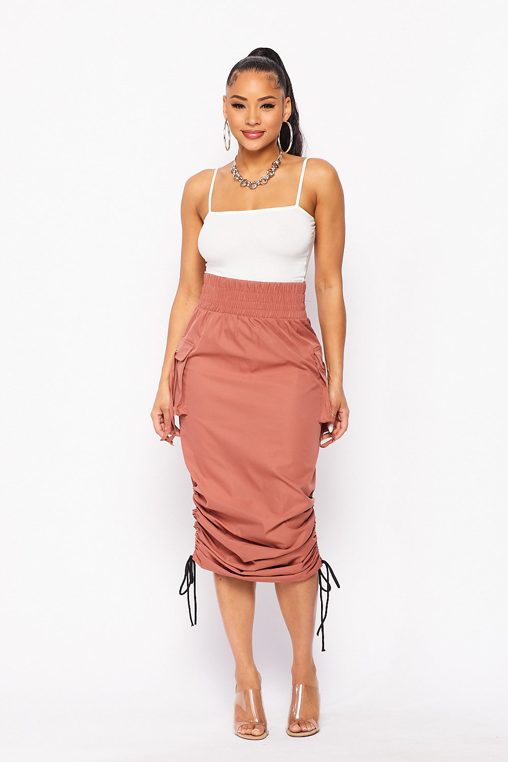 High Waist Nylon Cargo Side Pocket Ruched Maxi Skirt in Rust - Fashion House USA