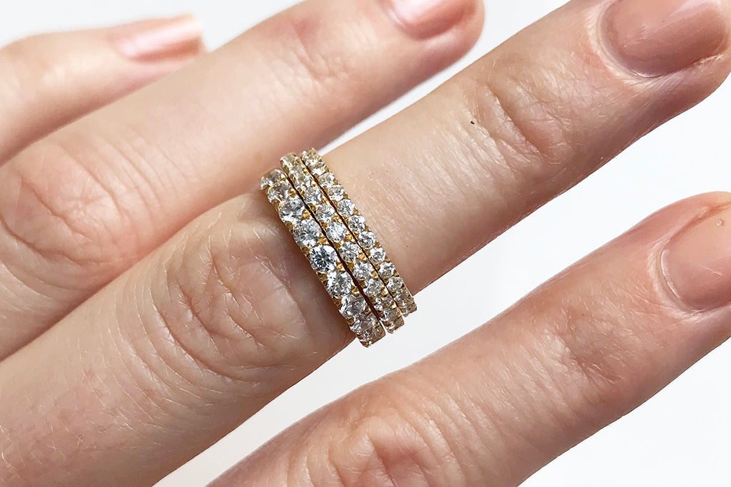 Our microset and pave set Altair wedding bands, crafted using conflict-free ethical diamonds and recycled platinum
