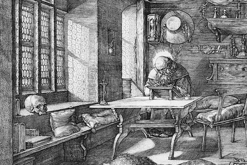 The history of engraved jewellery; a black and white engraving of St. Jerome in his study