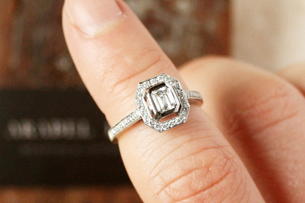 Bespoke Art Deco inspired engagement ring with diamond halo