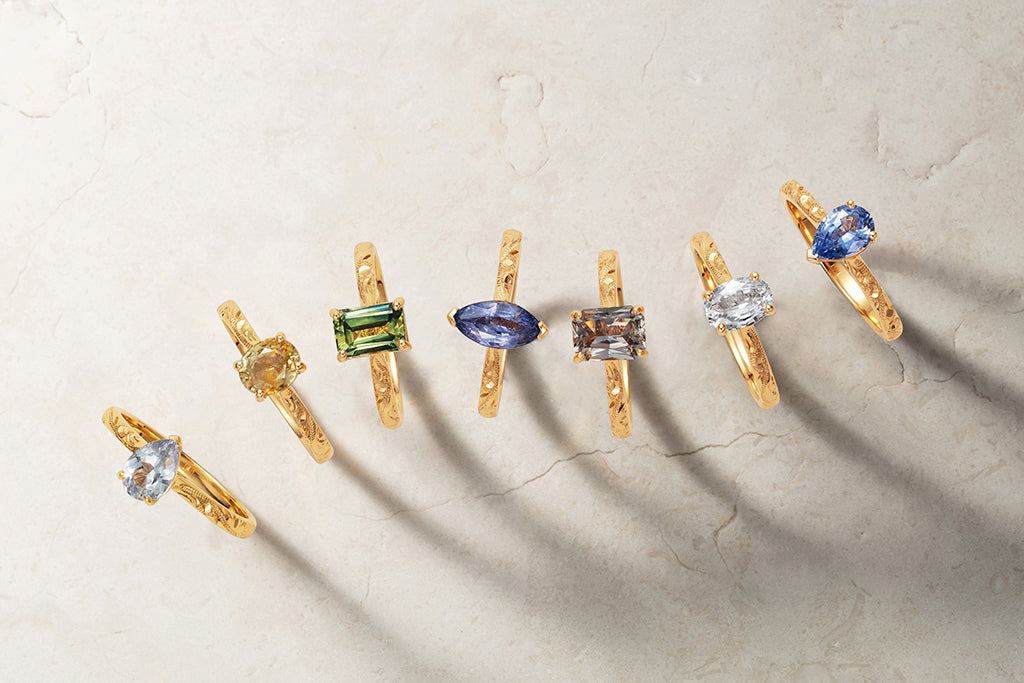 Lebrusan Studio's Fancy Athena collection of engagement rings created in the UK using Fairtrade Gold, Fairmined Ecological Gold, recycled gold and fair-traded fancy sapphires