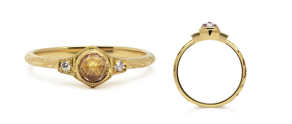 A dual-aspect product shot of an ethical bespoke engagement ring, cast in 18ct Fairmined Eco Gold and set with a conflict-free traceable pink sapphire boasting the antique rose cut