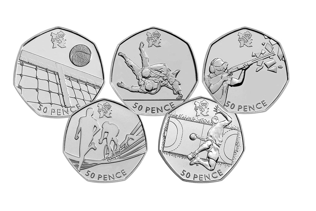 A line-up of 50p coins from the Royal Mint's coveted London 2012 Olympic Games set