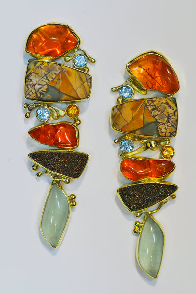 Mexican opal earrings with cherry jasper in 22k and 18k gold.  Designer jewelry, mother of the bride