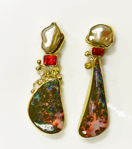 Boulder Opal earrings in 22k & 18k gold. Designer Jewelry