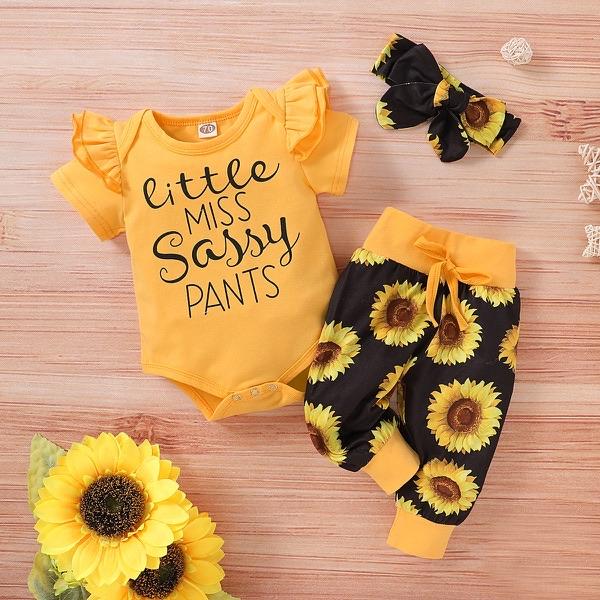 3PCS Little Miss Sassy Pants Sunflower Printed Baby Set