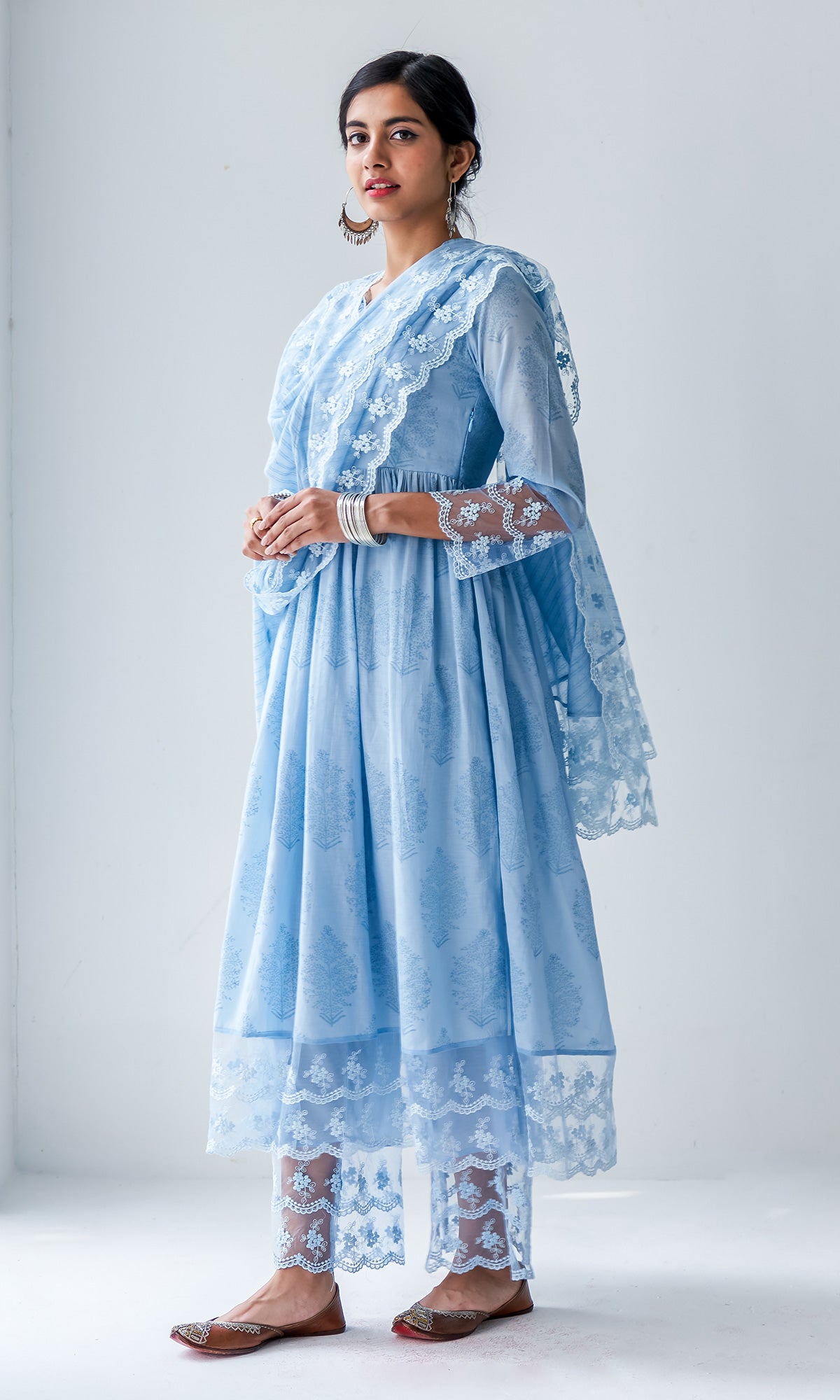 Mehrooz Powder Blue Block Printed Anarkali with Palazzo and Leheriya P ...