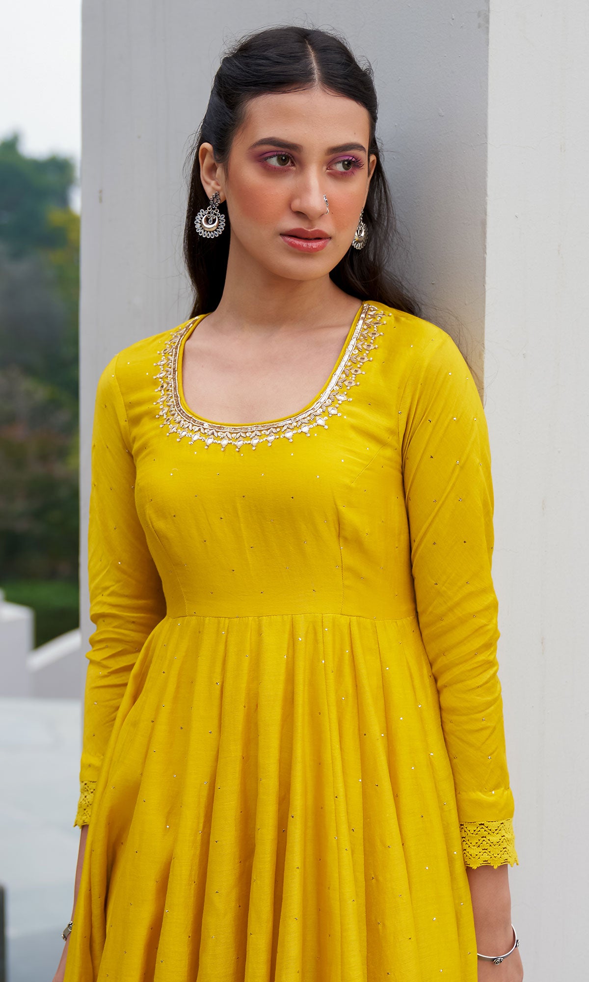 AZRA MUSTARD MUKAISH WORK ANARKALI WITH PALAZZO AND FLORAL PRINTED DUP ...