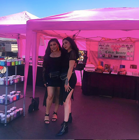 Diana and Lola in their pink tent at Cypress College.