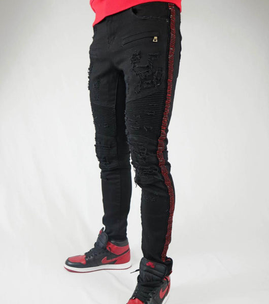 Preme Denim Rhinestone Striped Jeans (Black/Red Stone) – The Shop 147