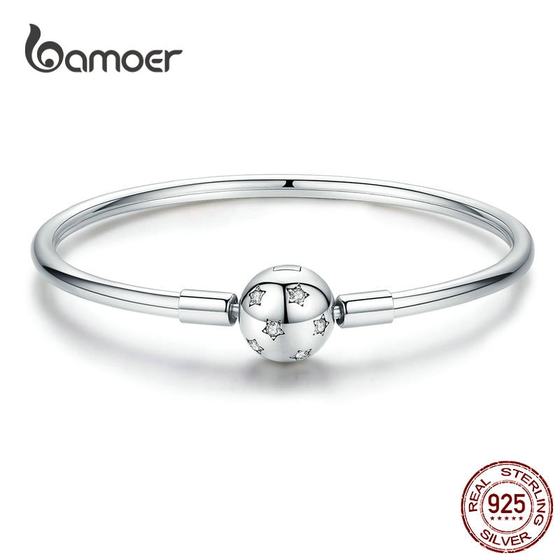 BAMOER Silver Star Bangle Sterling Silver 925 Round Clip Charm Clear CZ Smooth Bracelet 3mm Fit Brand DIY Jewelry SCB144