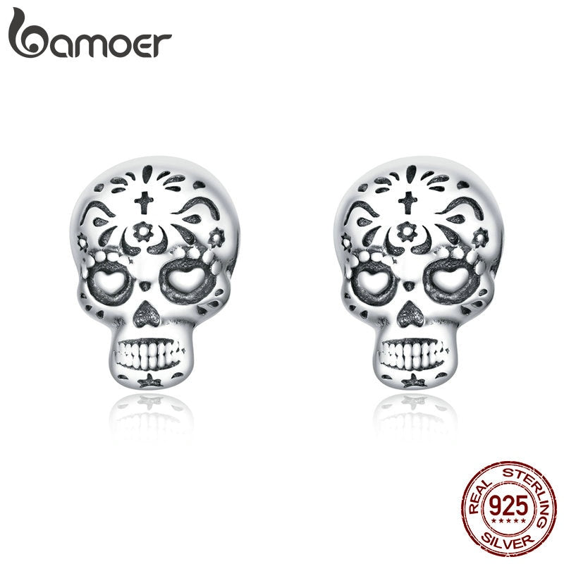 bamoer Authentic 925 Sterling Silver Gothic Cool Skull Stud Earrings for Women and Men Silver 925 Fashion Jewelry SCE953