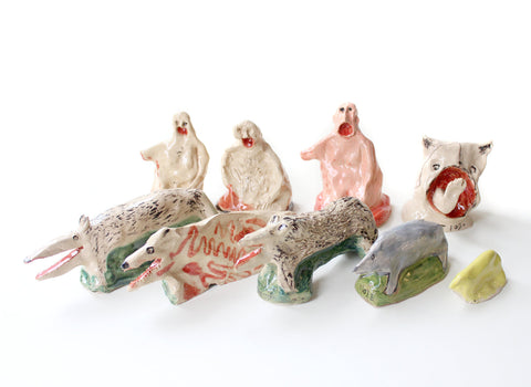 A selection of ceramic figurines by British artist Faye Moorhouse 