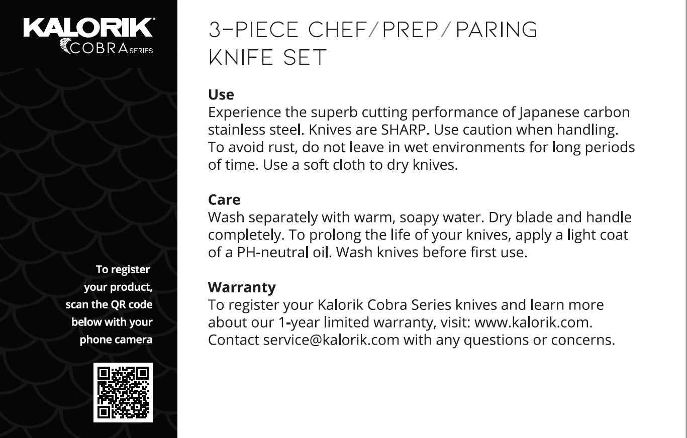 Kalorik Cobra 8 Chef, 5.5 Prep, and 3.5 Paring Knife Set