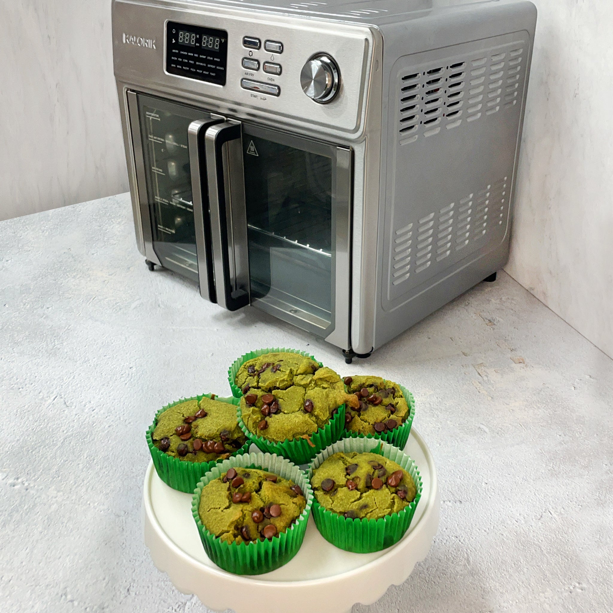 Vegan, gluten-free chocolate chip spinach muffins in the air fryer