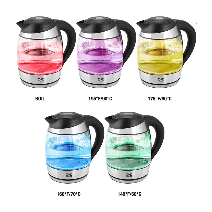 kalorik glass digital water kettle with color changing led lights