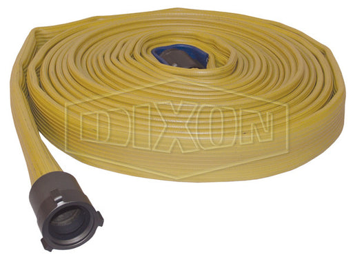 A515Y50RAF Dixon, 500# Single Jacket All-Polyester Fire Hose, Yellow  Color Impregnated, Coupled, Fem. x Male NST(NH) Expansion Ring Couplings  (Aluminum), 1-1/2 Hose Size, 1-3/4 Bowl Size