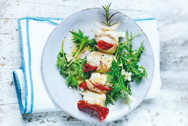 Opskrift grillet havtaske med sprød grøn salat, Oliviers & Co