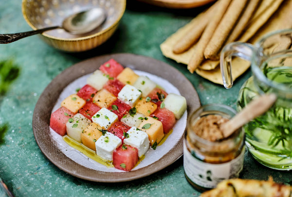 Sommerretter, melon feta salat, citroneddike fra Oliviers & Co