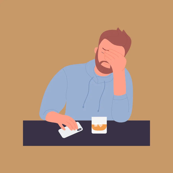 Illustration of a tired-looking man with a beard in a blue hoodie sitting at a table, holding a phone with one hand and his forehead with the other, next to a glass of iced coffee or whiskey