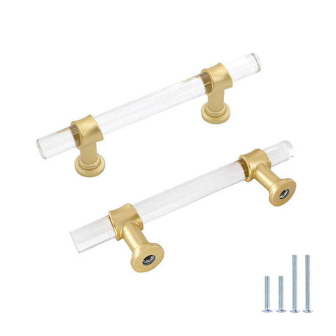 10 Pack Crystal Pulls Clear Acrylic Cabinet Bar Pulls, Satin Gold