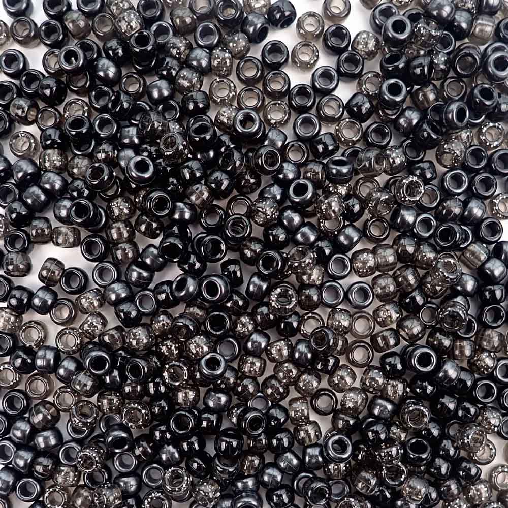 Jet Black w/ Glitter Plastic Craft Pony Beads 6x9mm, Made in the USA - Bead  Bee