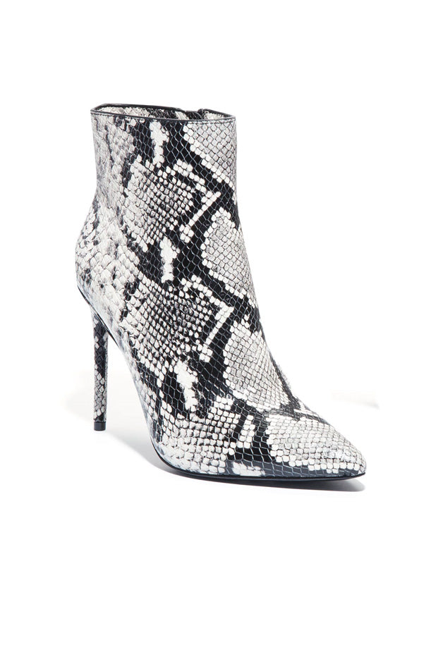 black white snakeskin booties