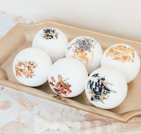 assorted bath bombs on tray