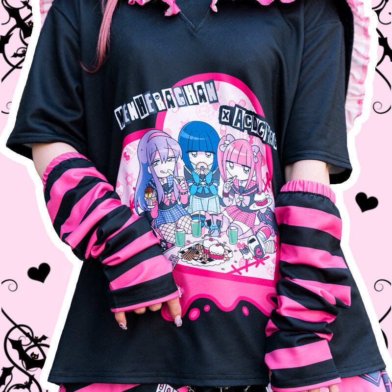 Nara Princess Pastel Goth Black White Striped Menhera Chan T-shirt |  