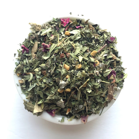 "New Momma" Tea: A tea for new mommas. An herbal tea made from all organic ingredients, including lemon verbena, fenugreek, fennel, lemon balm, nettle leaf, raspberry leaf, alfalfa and rose petals. 