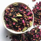 Shanti Chai & Co's Rose Petal Chai: Assam tea, rose petals, cardamom pods, cinnamon and caco make this delicious chai that can be enjoyed hot or iced! 