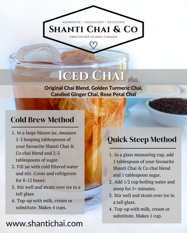 This downloadable recipe card from Shanti Chai & Co includes two simple methods for making perfect and delicious iced  chai.