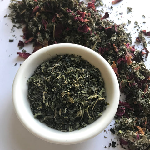 A simple blend of adaptogenic herbs including nettle leaf, raspberry leaf and rose petals.