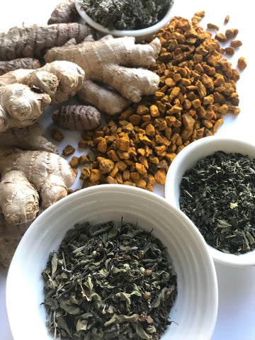 Adaptogenic herbs in a pile: ginger root, turmeric, nettle leaf and raspberry leaf and tulsi against a white background.