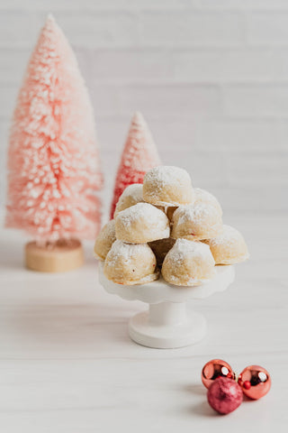 keto peppermint white chocolate snowball cookies with pink trees