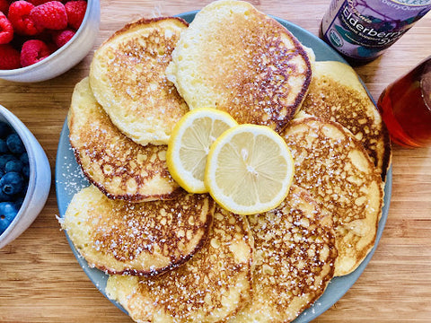 lemon ricotta pancakes with organic elderberry maple syrup