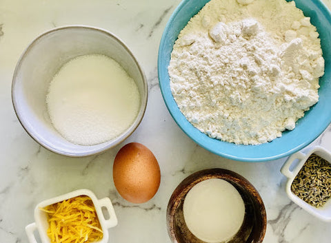 Ingredients for lavender scones with elderberry icing