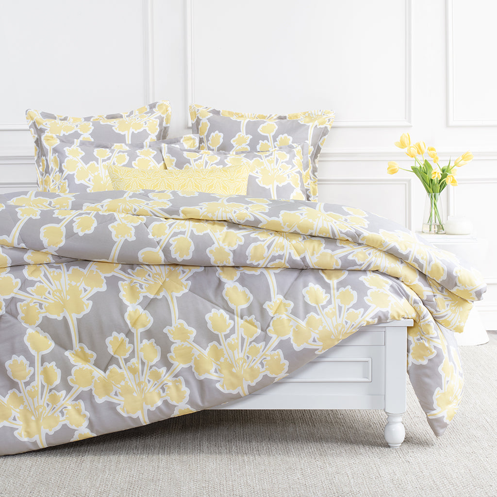 yellow and grey bedding with matching curtains