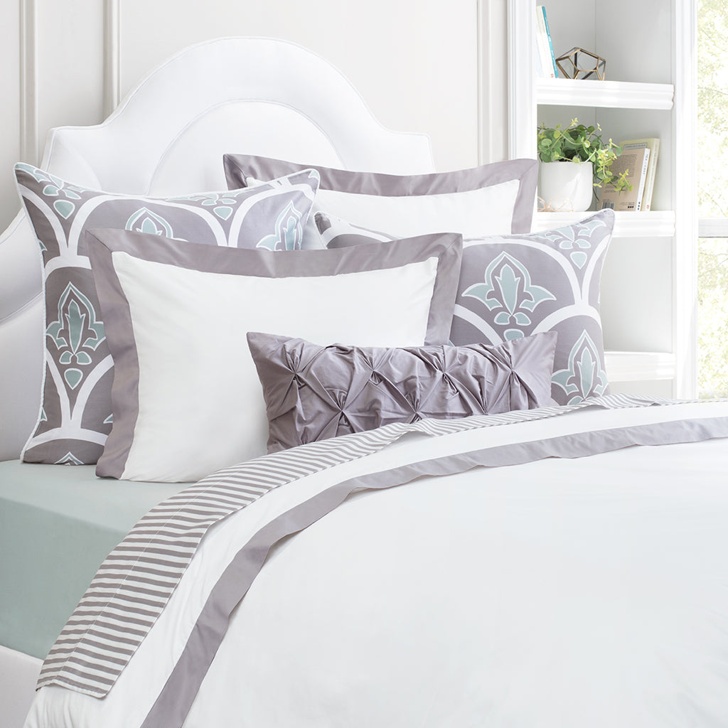 grey and white bedding